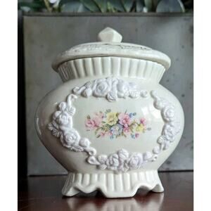 Antique Majolica Biscuit Sugar Jar Lid Floral Victorian Cottage White Porcelain